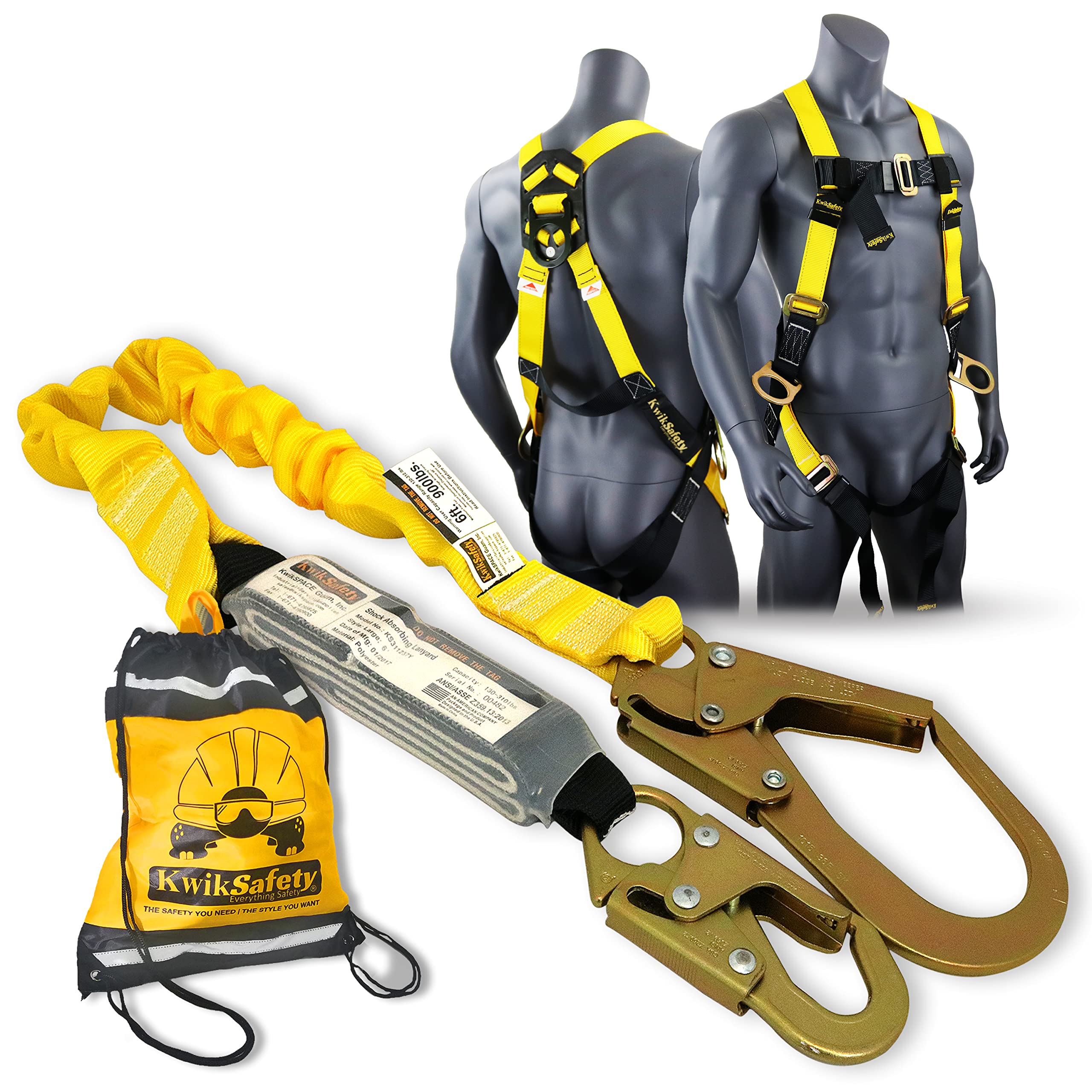 KwikSafety ANSI OSHA Certified 3D Full Body Safety Harness with 6' Lanyard & Tool Lanyard - Fall Protection PPE for Construction, Roofing & Bucket Work - Universal Fit Restraint System for Height Safety
