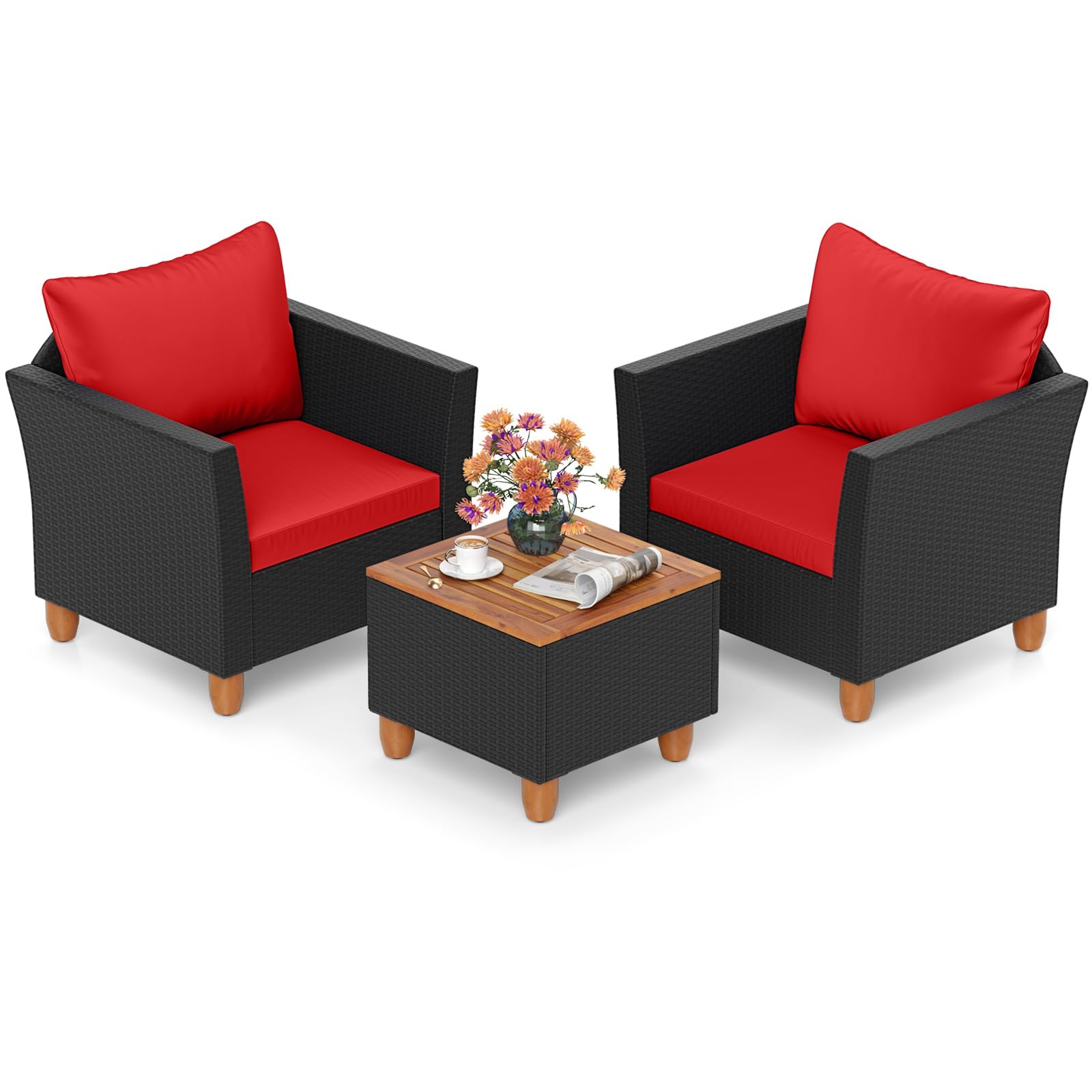 **HAPPYGRILL 3-Piece Outdoor Patio Conversation Set with Storage Coffee Table, PE Rattan Wicker Sofa & Cushions, Acacia Wood Furniture for Balcony, Backyard, Porch, Garden – Perfect for Relaxing & Entertaining**