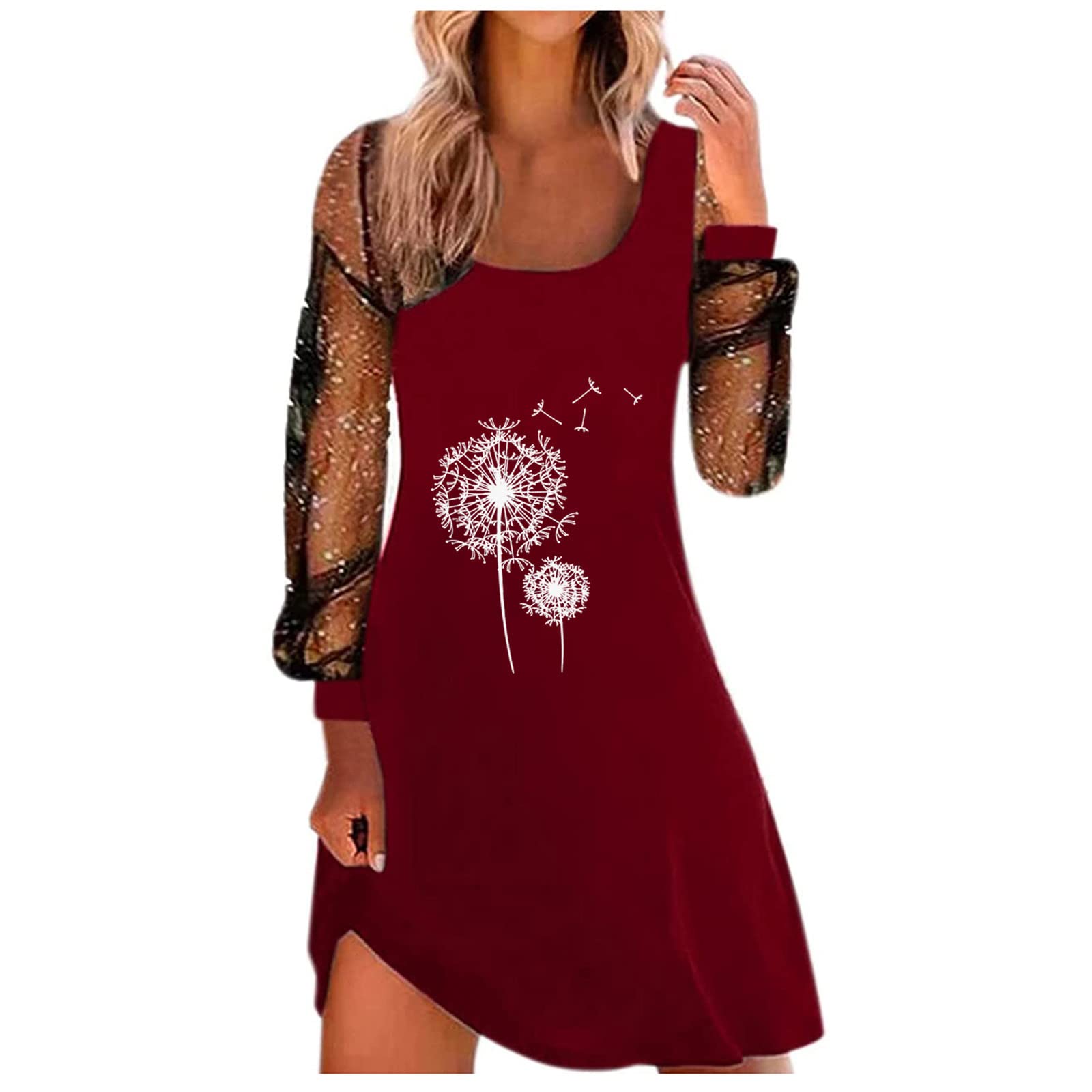 Trendy Women's Autumn Floral Print Loose Long Sleeve Dress - Comfortable O-Neck Hollow Out Design for Summer & Fall - Perfect for Mother's Day Gifts, Date Nights & Office Wear