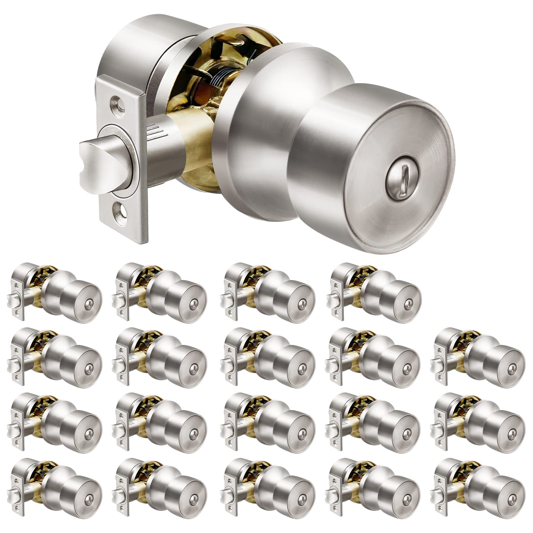 20 Pack BESTTEN Privacy Door Lock Set - Satin Nickel Bedroom & Bathroom Knob with Removable Latch Plate | Geneva Series All Metal Door Hardware for Home, Office & Rental Properties