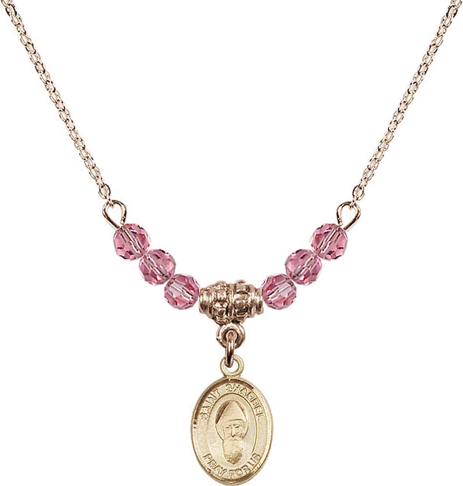 18K Gold Plated Rose October Birthstone Necklace with 4mm Beads & Saint Sharbel Charm - Elegant Jewelry Gift for Women, Birthday, Baptism, Religious Occasions