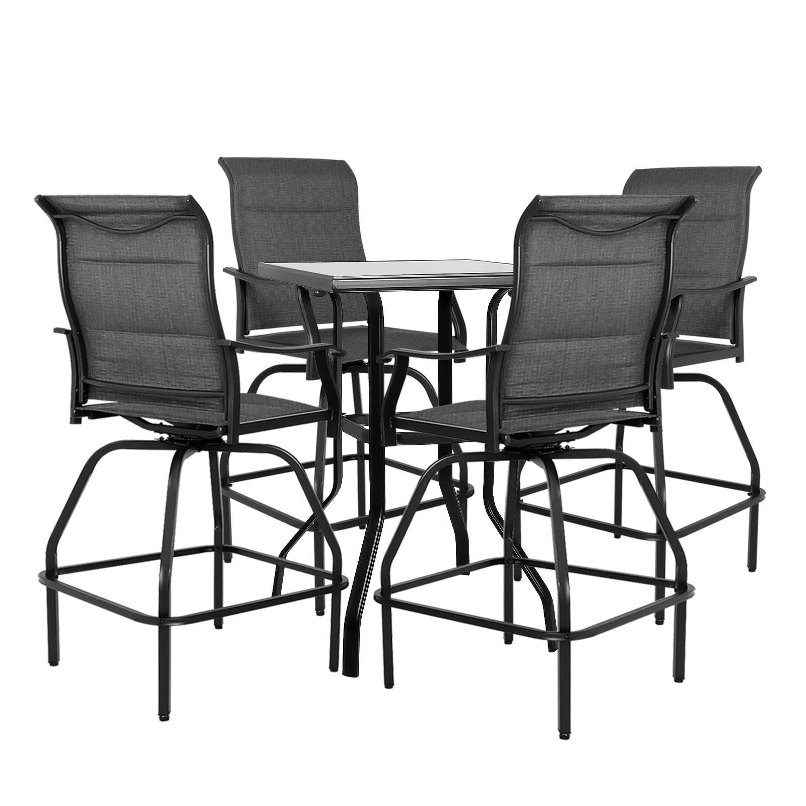 LEVELEVE 5-Piece Patio Bar Set with Swivel Bar Stools & Textilene All-Weather Outdoor Furniture - Height-Adjustable Bistro Table & Grey Padded Seating for Backyard, Poolside & Garden Relaxation