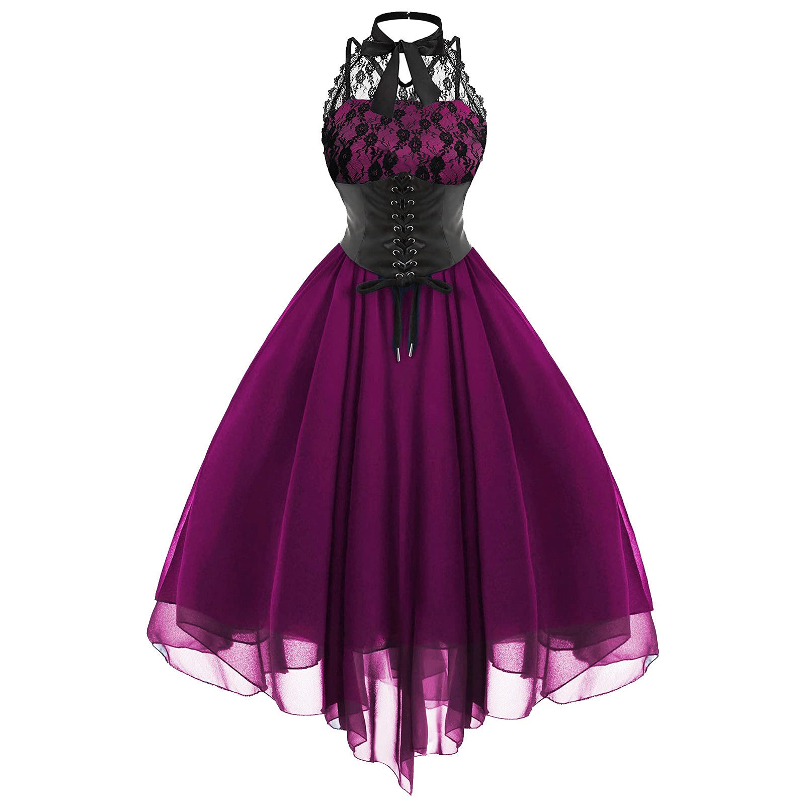 Elegant Women's Summer Halter Dress - Floral Lace Gothic Cocktail Dress with Lace-Up Detail | Sleeveless Swing Dress for Formal Events, Parties & Date Nights