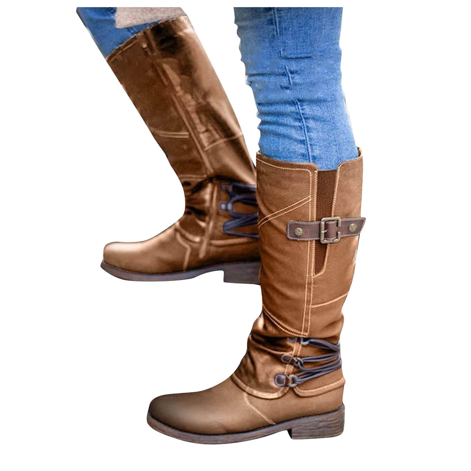 **Women's Waterproof Mid Calf Cowboy Boots - Wide Calf Riding Boots with Chunky Heel & Side Zipper - Comfortable Motorcycle & Western Style Boots for Casual Wear, Horseback Riding & Outdoor Adventures**