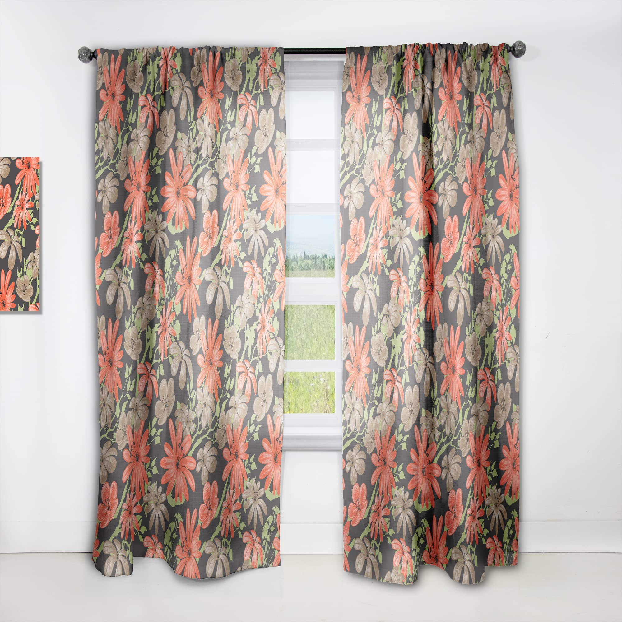 DesignQ Thermal Insulated Curtains - Red & Brown Floral with Green Branches - 52x95 Inch Single Panel for Bedroom & Living Room | Energy Saving, Blackout Drapes for Home Decor
