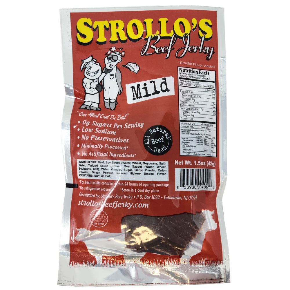 Strollo's Mild Beef Jerky - Premium Dried Meat Snack, 1.5oz Pack - High Protein Low Fat - Perfect for Hiking, Camping & Road Trips