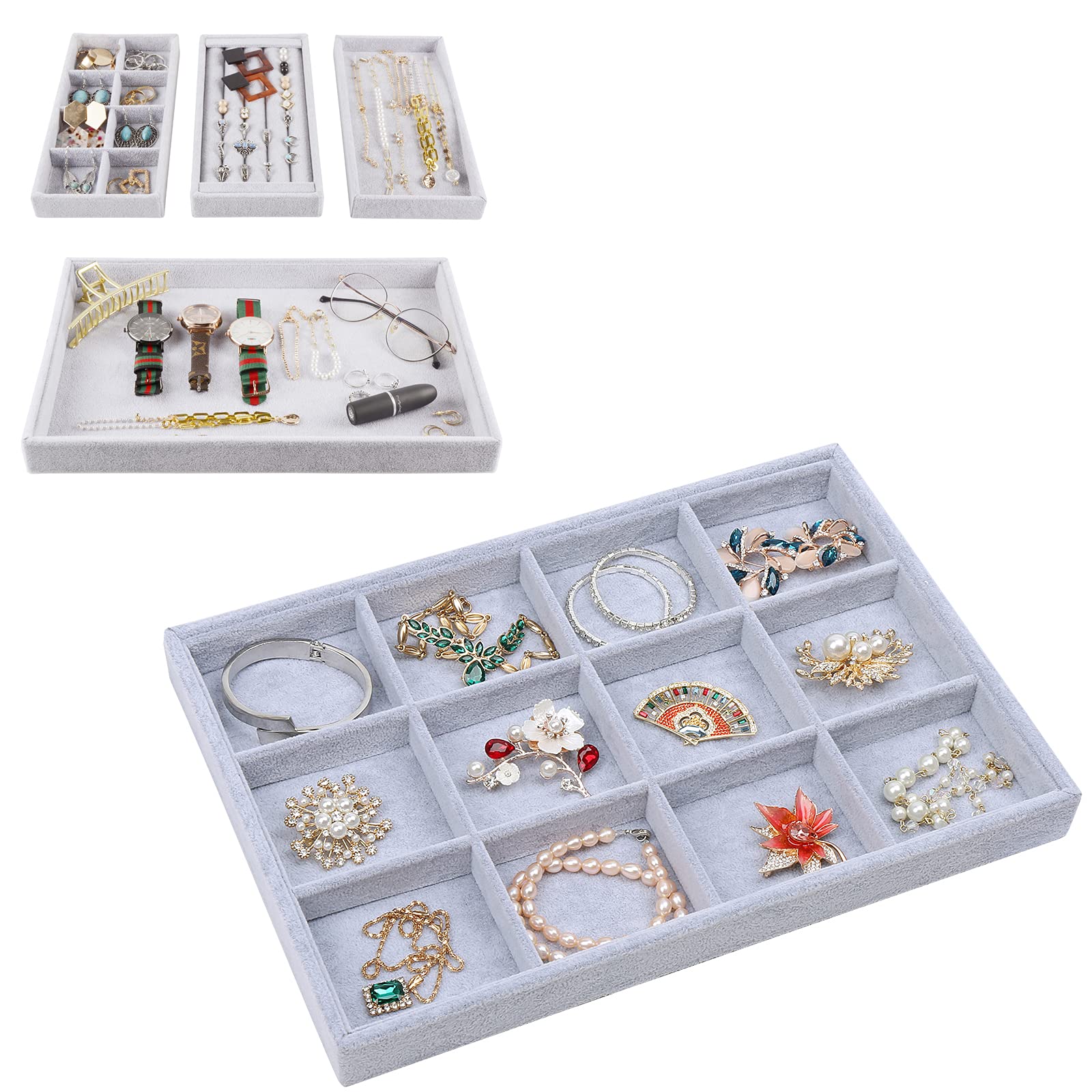 STYLIFING Stackable Jewelry Organizer Trays - 12 Compartment Velvet Jewelry Box Organizer for Rings, Earrings & Necklaces - Gray Jewelry Storage Solution for Dresser, Vanity & Travel