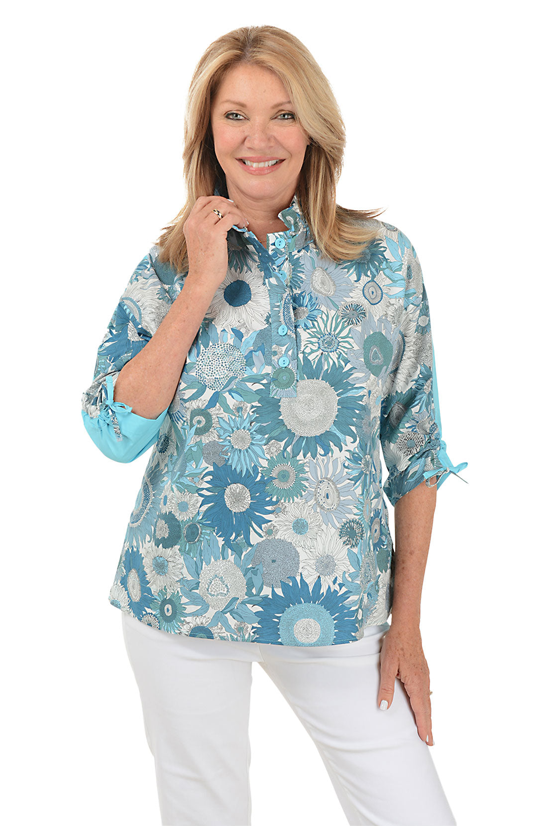 Aqua Sunflowers Ruched Sleeve Blouse for Women - Floral Print Summer Tops - Casual & Office Wear - Perfect for Parties, Dates, and Work