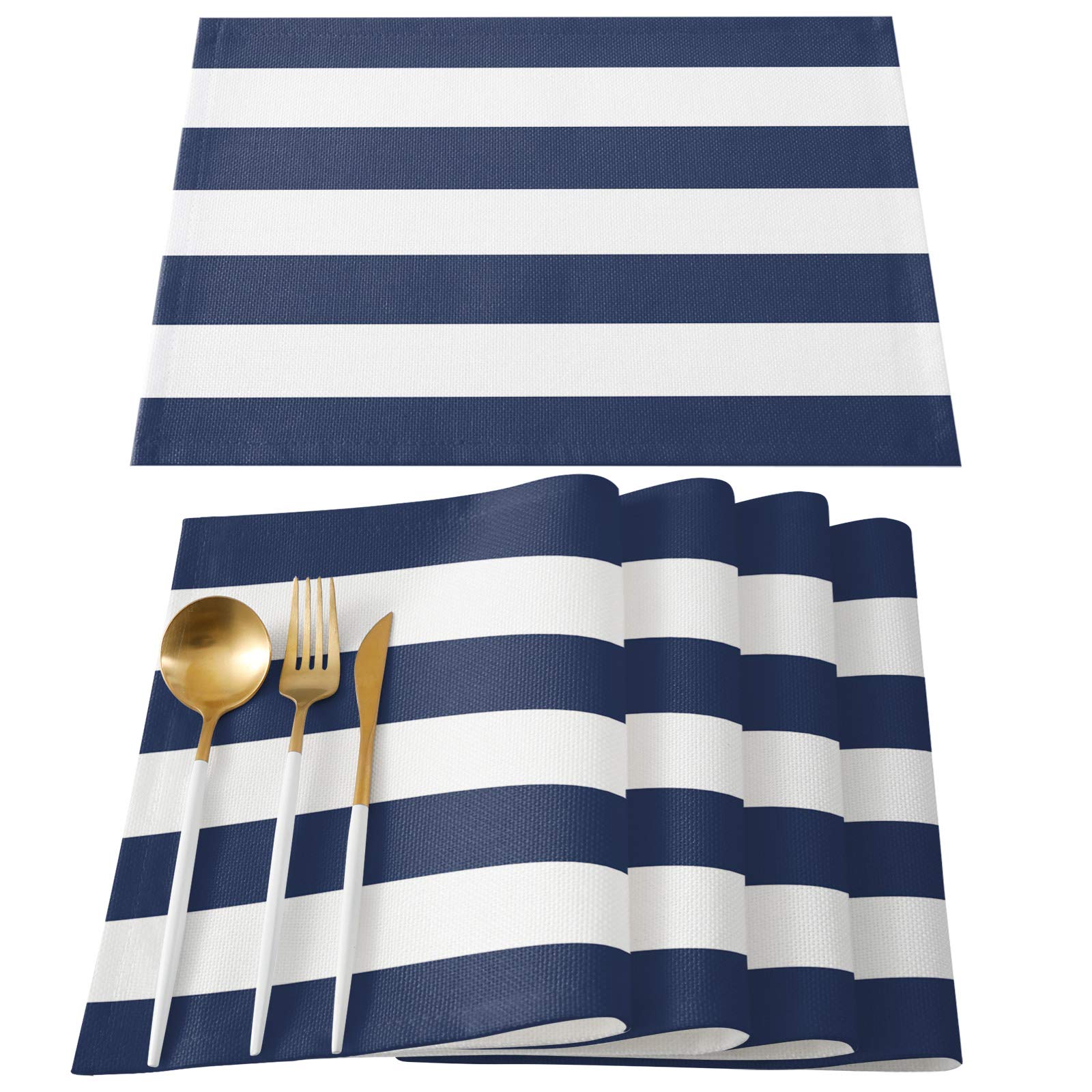 Nautical Striped Cotton Linen Placemats Set of 4 - Navy Blue & White Heat-Resistant, Non-Slip Table Mats for Dining, Kitchen, Holiday Banquet & Home Decor - Washable & Durable