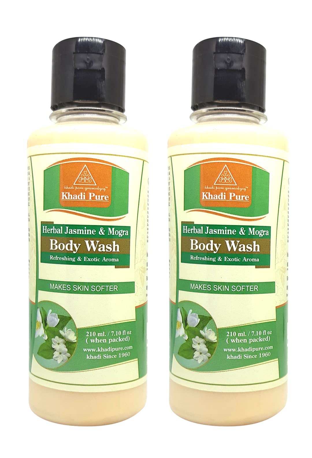 Khadi Pure Herbal Jasmine & Mogra Body Wash - 210ml (Pack of 2) | Natural Ayurvedic Cleanser for Soft Skin | Perfect for Daily Shower & Spa Relaxation