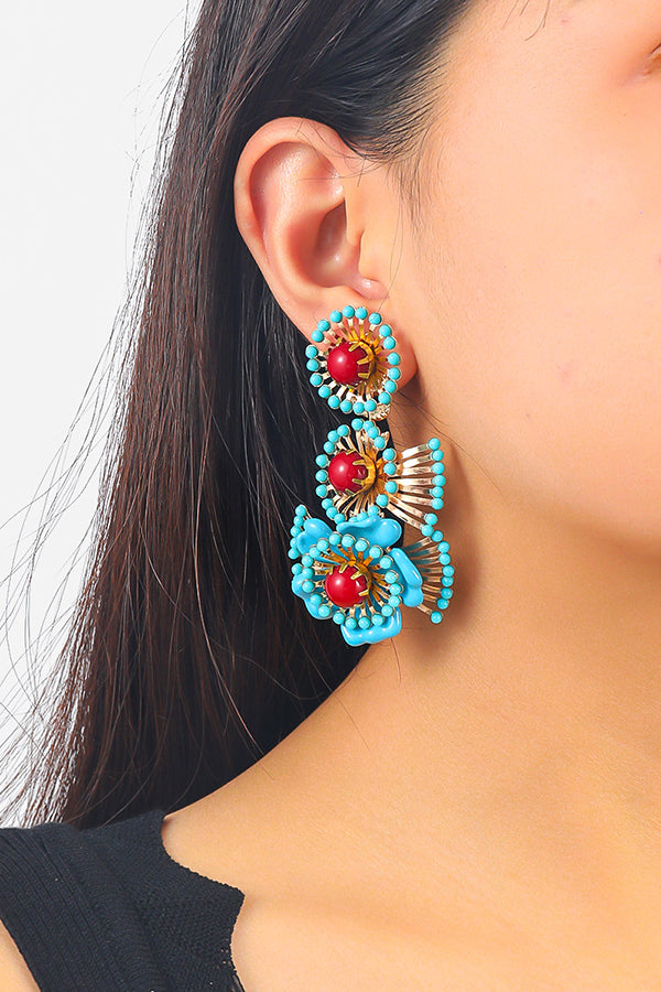 Bohemian Retro Ethnic Style Turquoise Flower Earrings for Women - Handmade Statement Jewelry for Festival, Wedding & Boho Fashion