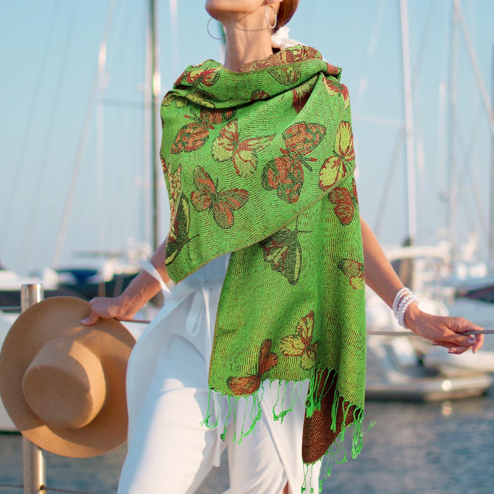 Elegant Green Metallic Butterfly Printed Pashmina Scarf Shawl - Soft & Lightweight Wrap for Women - Perfect for Parties, Weddings & Evening Outfits
