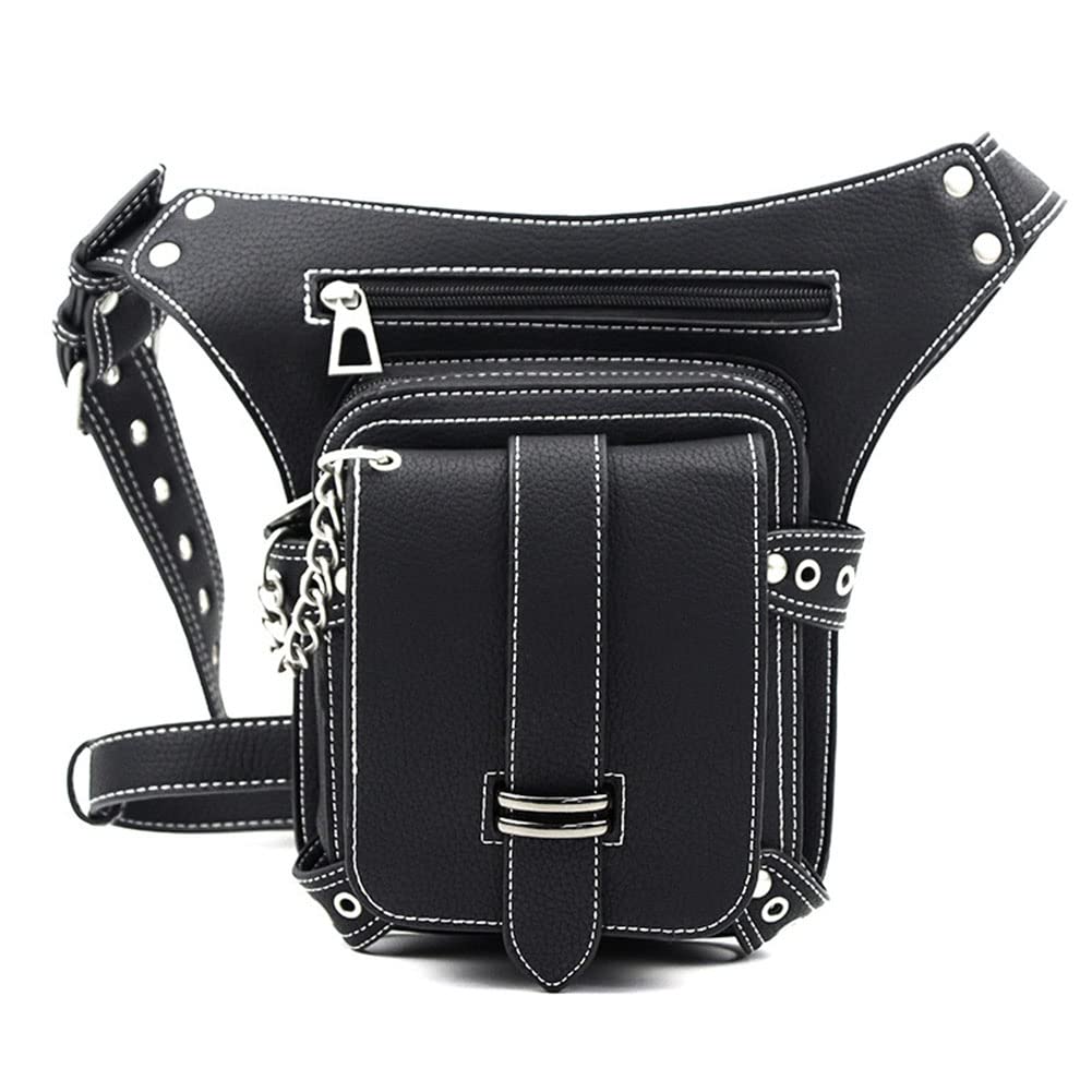 Gothic Waist Bag Fanny Pack - Genuine Leather Steampunk Crossbody Bag with Chain - Vintage Messenger Hip Pouch for Women & Men - Perfect for Cosplay, Rave, Music Festivals & Daily Use (D51)