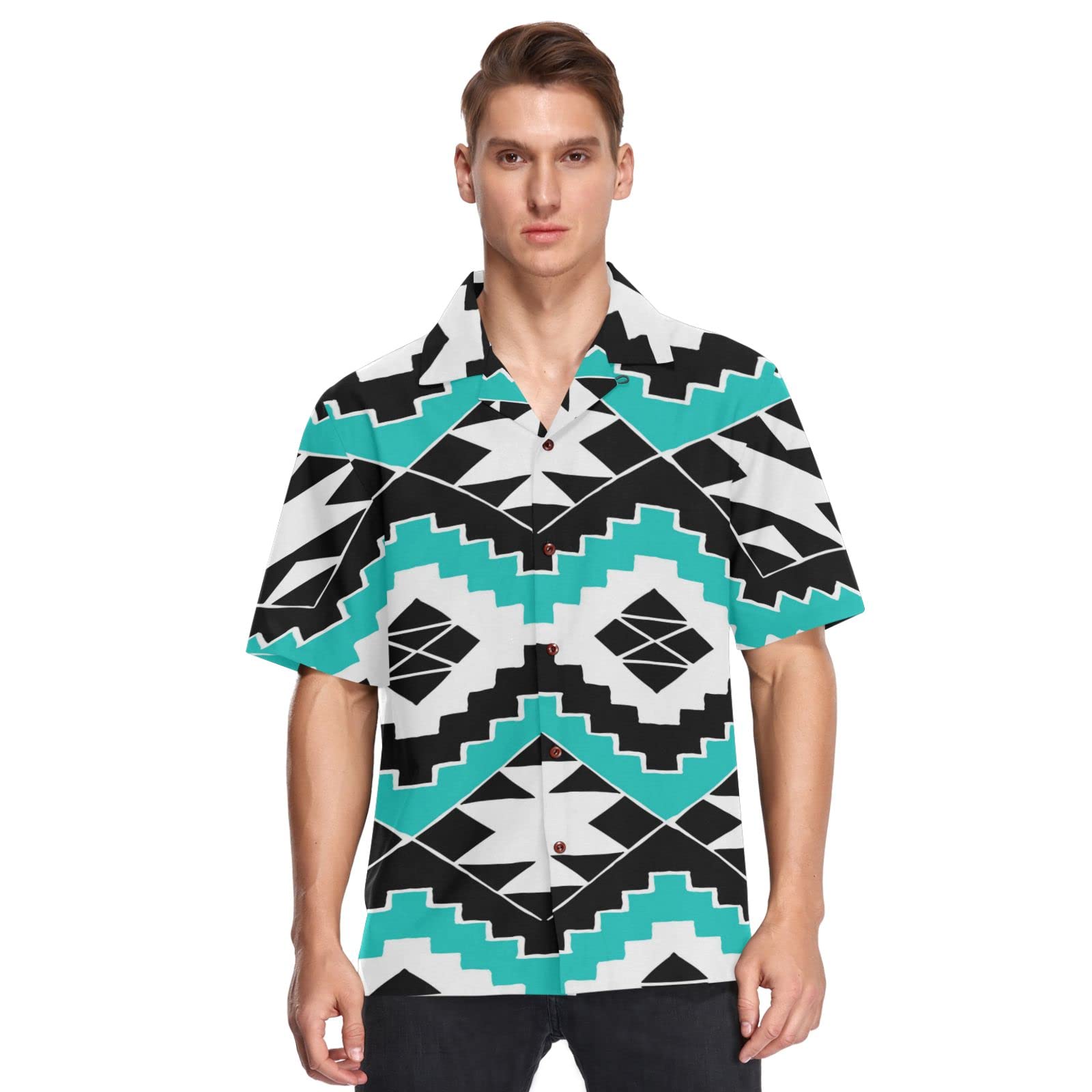 Navajo Tribal Print Men's Hawaiian Shirt - Summer Casual Short Sleeve Button Down Shirt for Beach Vacation, Luau Party & Tropical Outings