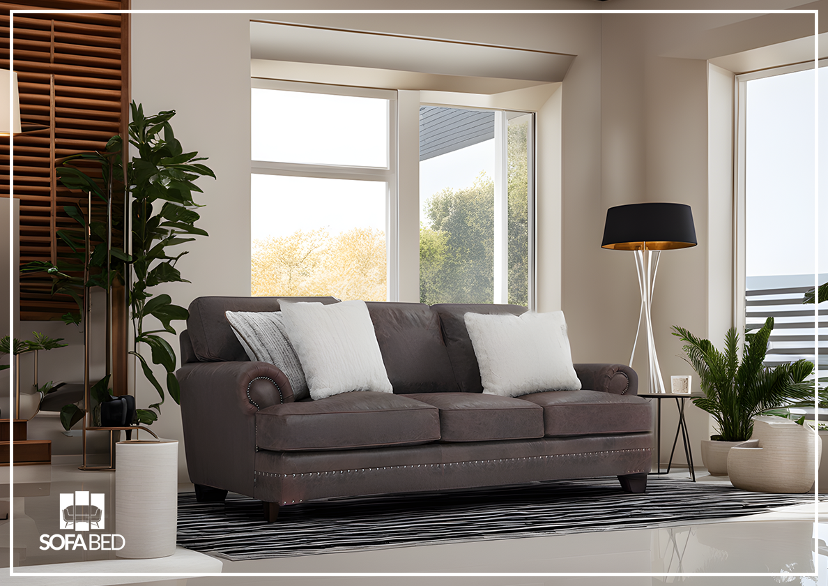 Bernhardt Foster Dark Brown Genuine Leather Sofa with Rolled Arms - Luxurious Living Room Furniture for Home & Office
