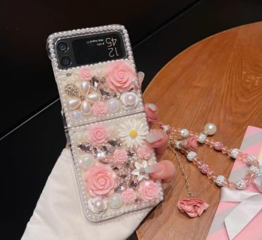 Sparkly Pink 3D Crystal Rhinestone Flower Phone Case for Moto Razr 2023 - Bling Diamond Shockproof Cover with Pearl Bracelet Strap & Lanyard | Girly Protective Case for Parties, Weddings, Date Nights & Everyday Glam