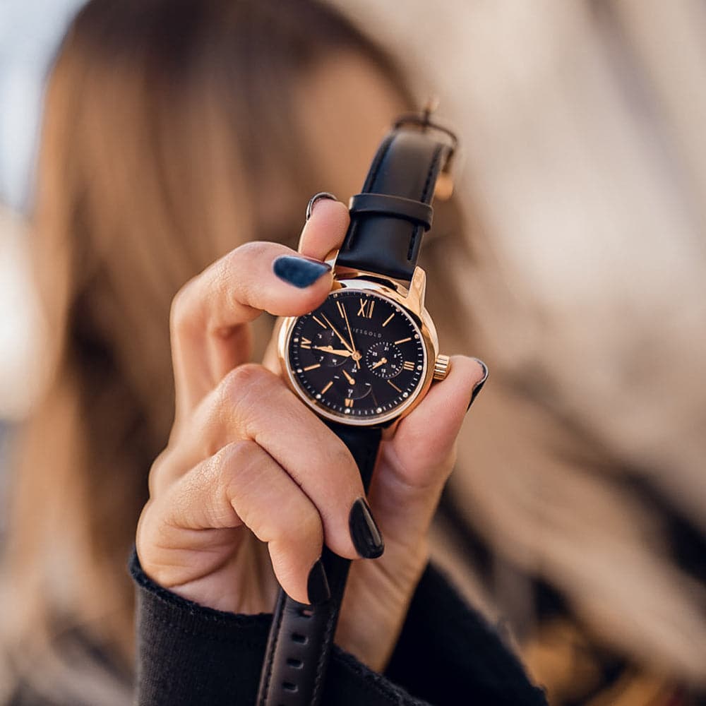 ARIES GOLD URBAN ETERNAL Stainless Steel Women's Watch with Black Leather Strap - Fashion Accessory for Everyday Wear & Special Occasions