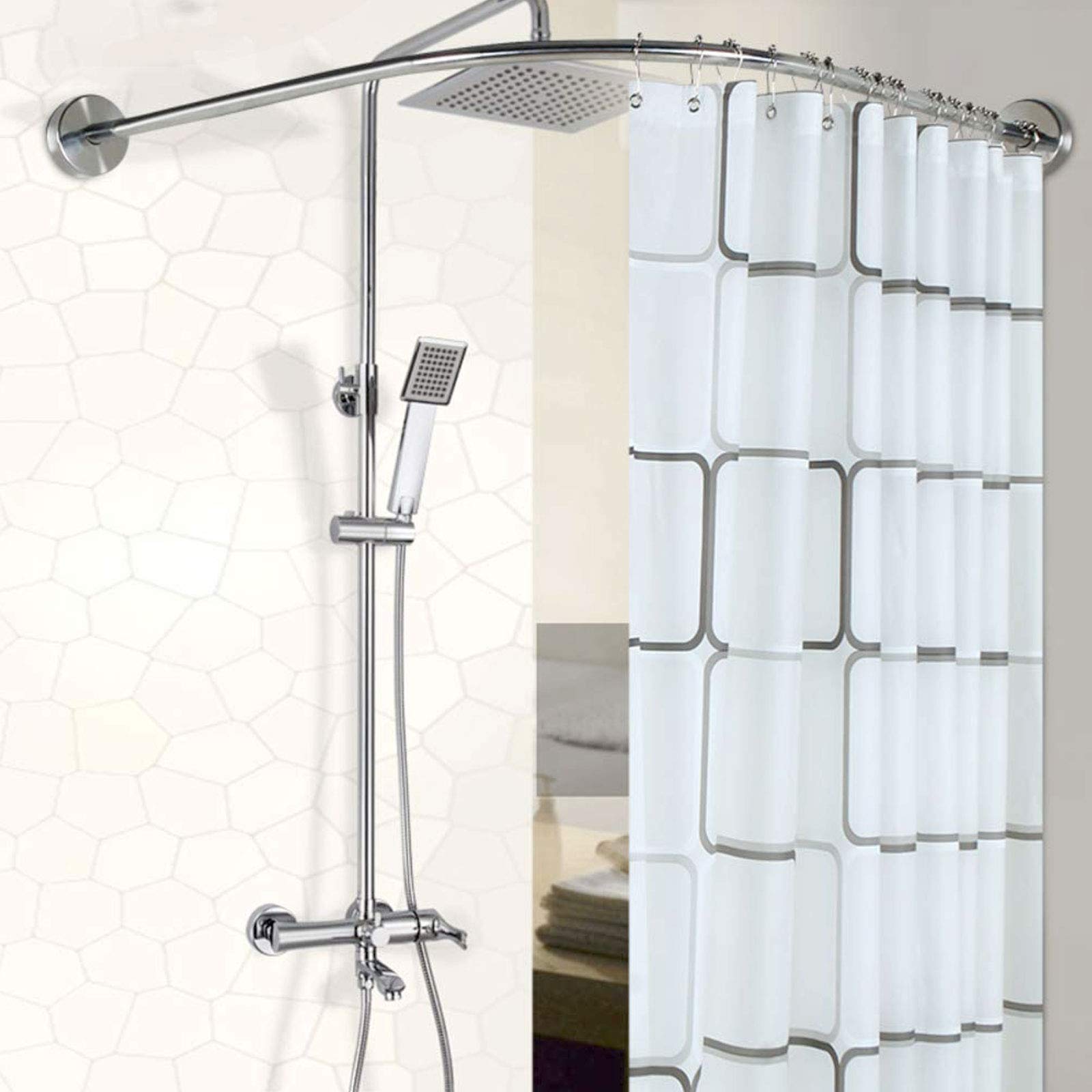 CRGL Adjustable L-Shaped Corner Shower Curtain Rod - Telescopic Punch-Free Stainless Steel Bathroom Rod for Fitting Rooms (Brushed Nickel Silver) - Perfect for Small Bathrooms & Corner Showers