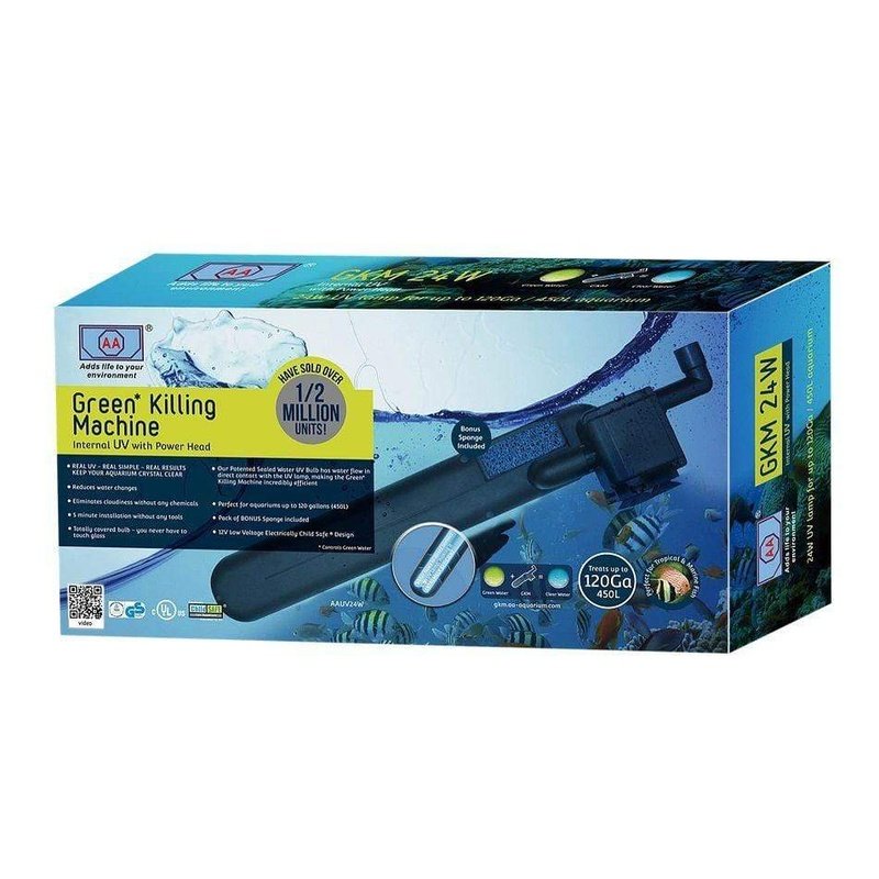 AA Aquarium GKM Internal UV Sterilizer with Power Head (up to 450L/120 Gallon) - Clear Water Solution for Freshwater & Saltwater Fish Tanks, Ponds