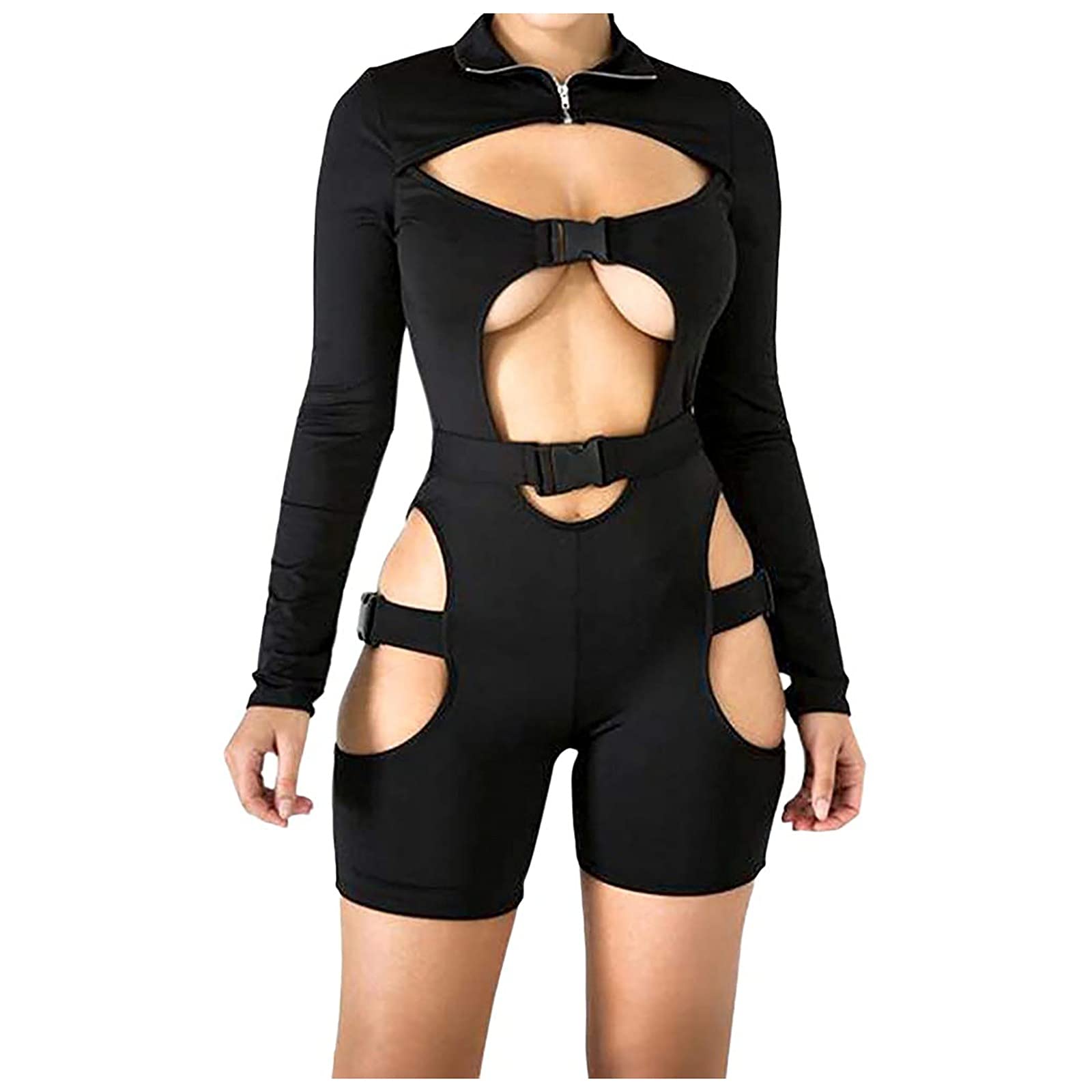 Aniywn Women's Sexy Bodycon Jumpsuit with Buckle Detail, High Neck & Long Sleeves - Hollow Out Design Romper for Clubwear, Date Night & Party Outfits
