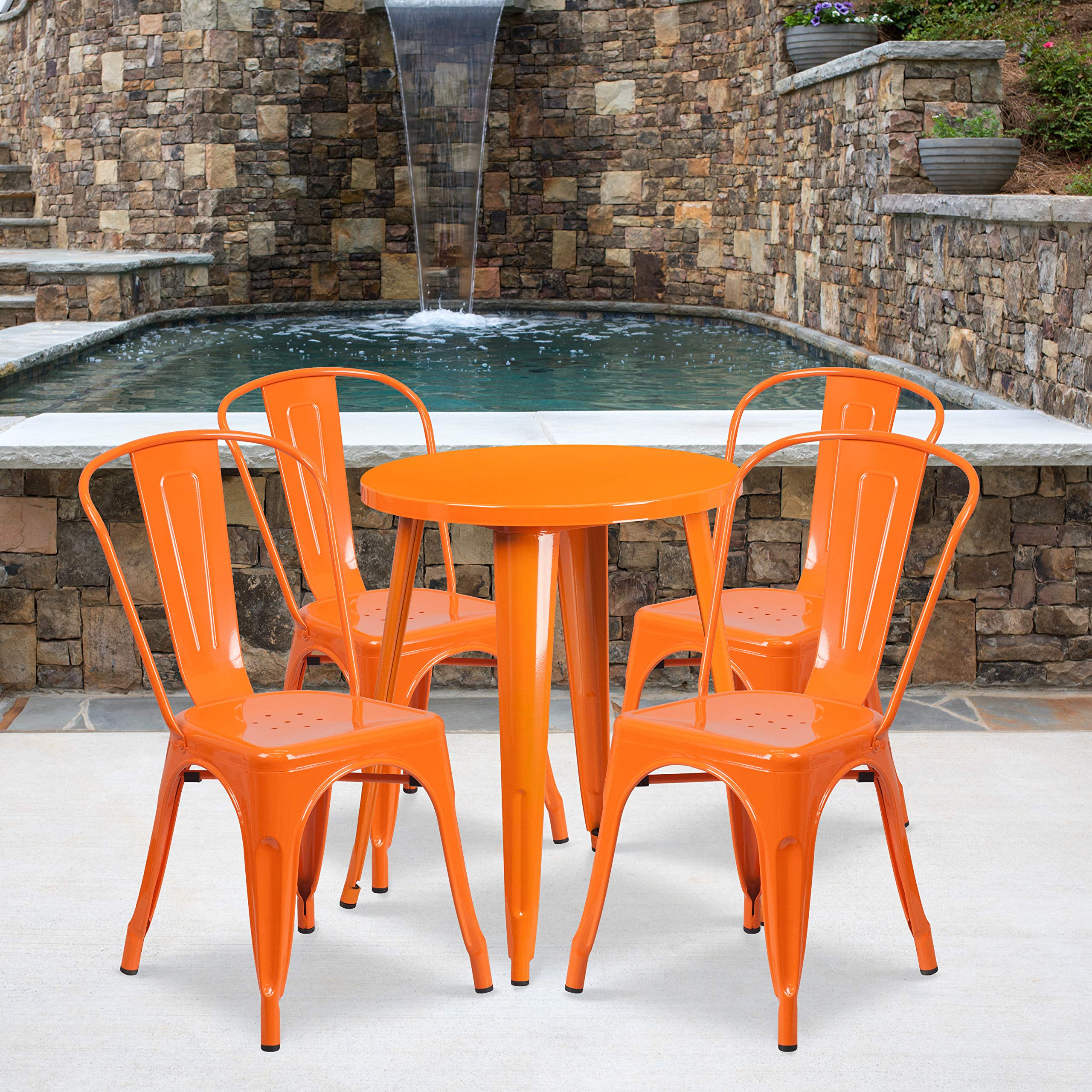 EMMA + OLIVER 24-Inch Round Orange Metal Bistro Table Set with 4 Matching Chairs - Indoor Outdoor Patio Dining Furniture for Restaurant, Cafe, Garden & Backyard Use