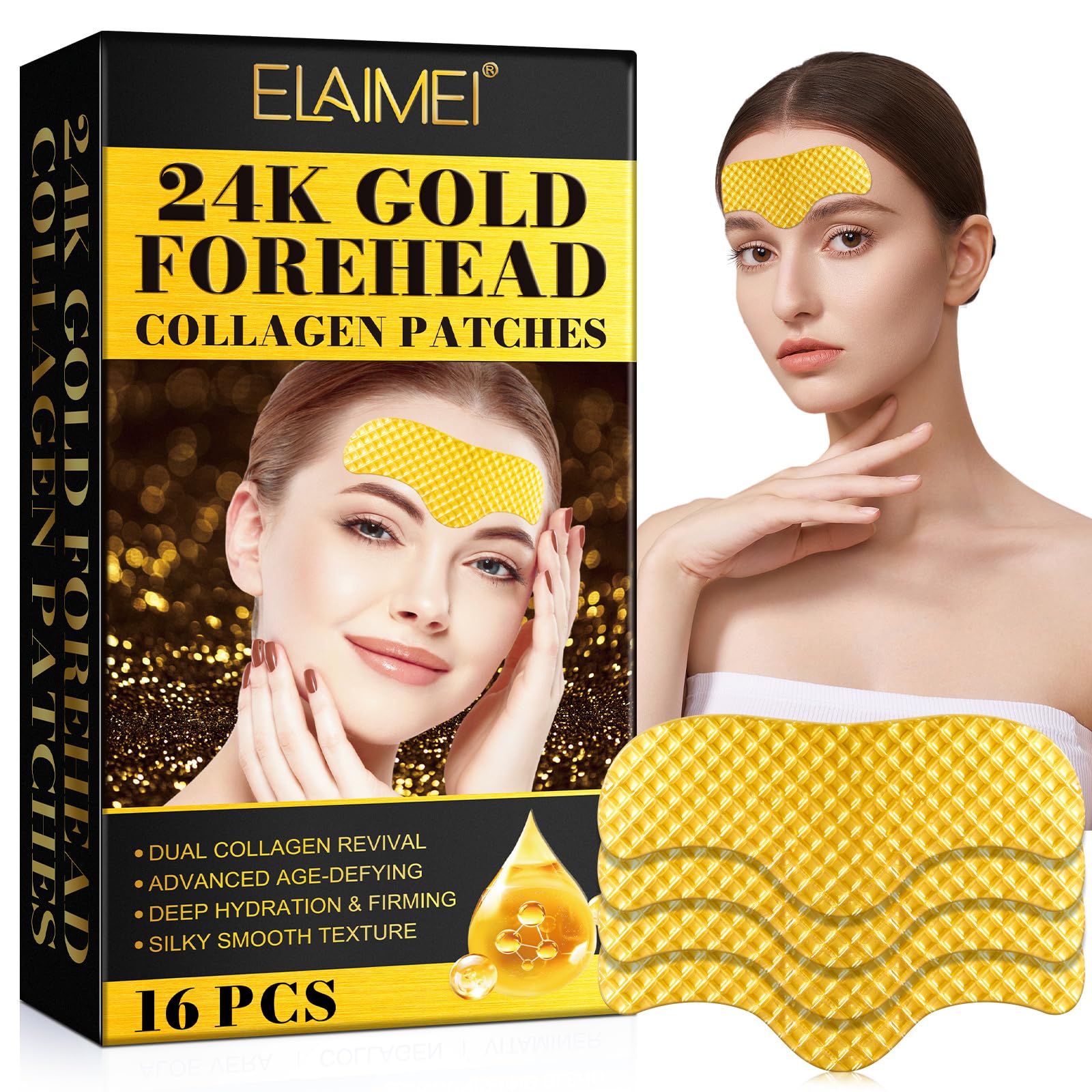 24K Gold Forehead Wrinkle Patches - Anti-Aging Collagen Boosting Elasticity Pads for Women & Men (16pcs) - Reduce Frown Lines & Forehead Wrinkles for Smooth Skin | Perfect for Nighttime Skincare Routine & Daily Use