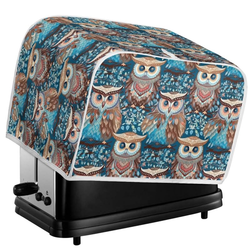 Forest Owl 2-4 Slice Toaster Cover - Turquoise Plant Branch Design, Microwave & Toaster Oven Dust Cover, Cartoon Owl Pattern, Dustproof & Fingerprint Protection - Perfect for Kitchen Countertop & Small Appliance Protection