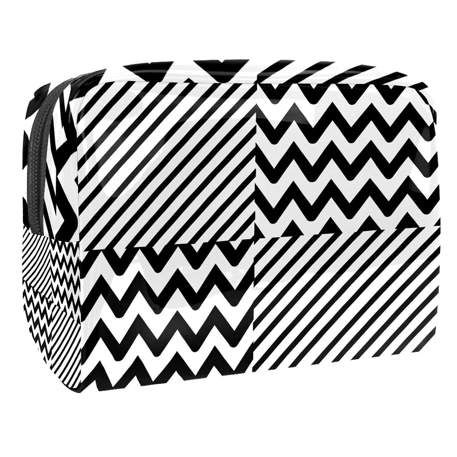 Waterproof Travel Makeup Bag for Women - Black & White Stripe Toiletry Organizer for Cosmetics & Accessories