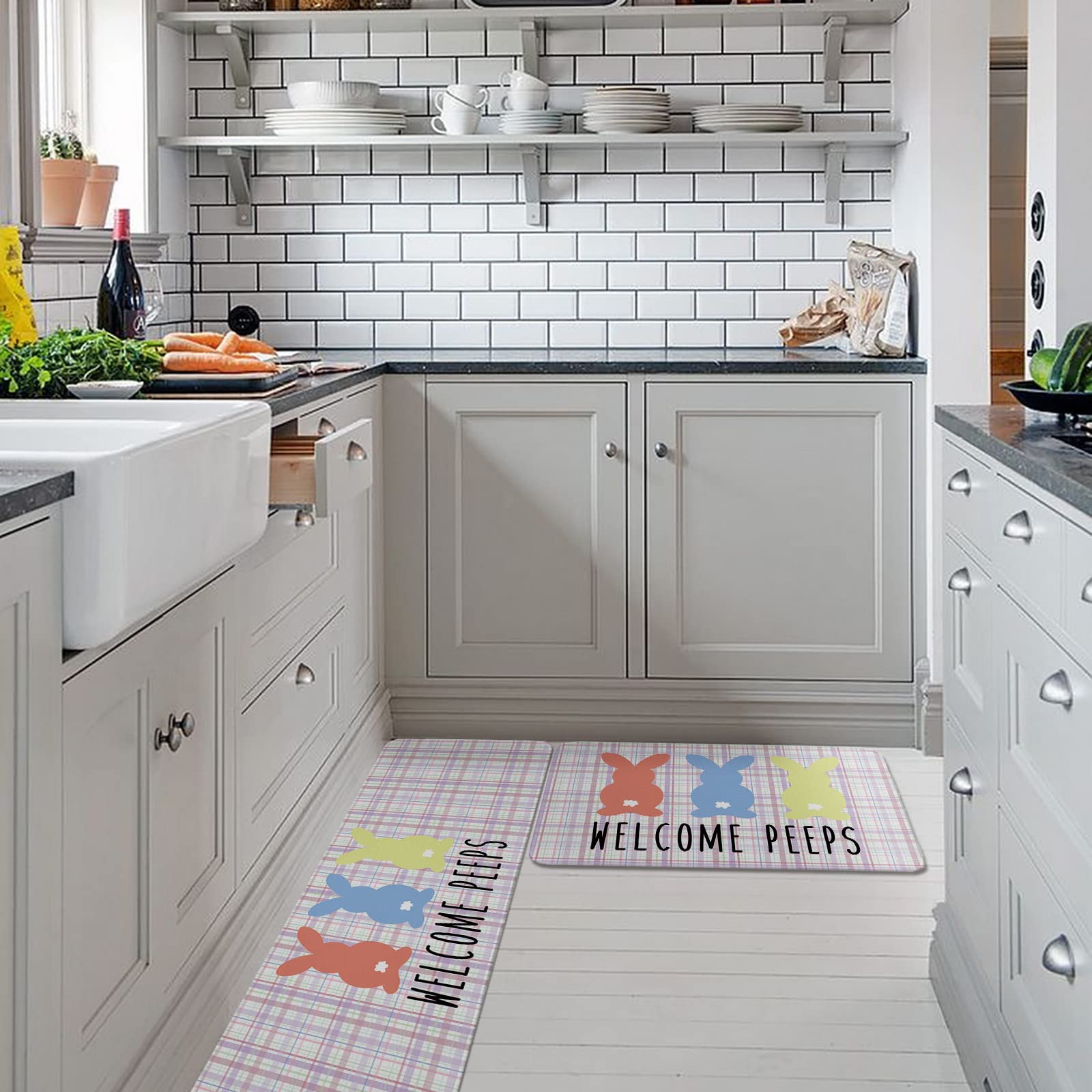 2-Pack Non-Slip Kitchen Mats - Water Absorbent & Stain Proof Floor Rugs for Kitchen, Dining Room, Office & Laundry - Easter Bunny Design with Striped Background - Perfect for Sink Areas, Cooking Spaces & Home Decor