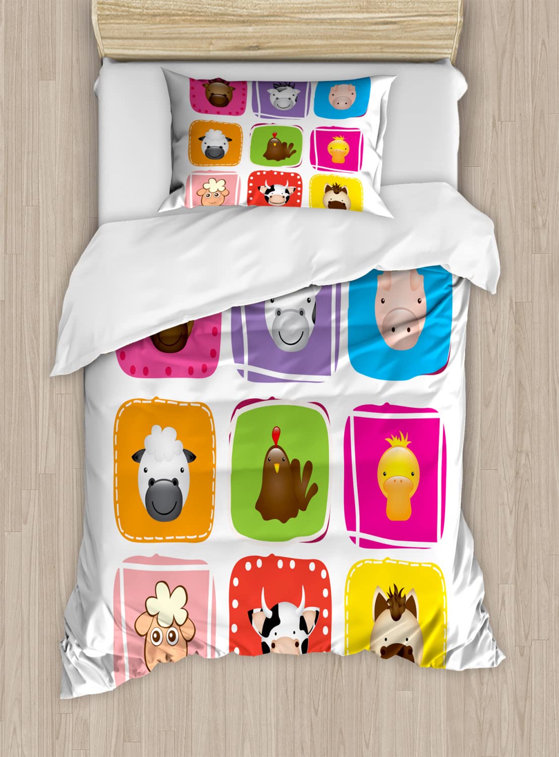 Ambesonne Cartoon Duvet Cover Set King Size - 2 Pack Geometric Animal Print Bedding with 2 Duvet Covers & 4 Pillowcases (Horse, Chicken, Cow, Duck, Sheep, Pig) - Emerald Grey - Perfect for Kids' Rooms, Nursery Decor, and Fun Themed Bedrooms