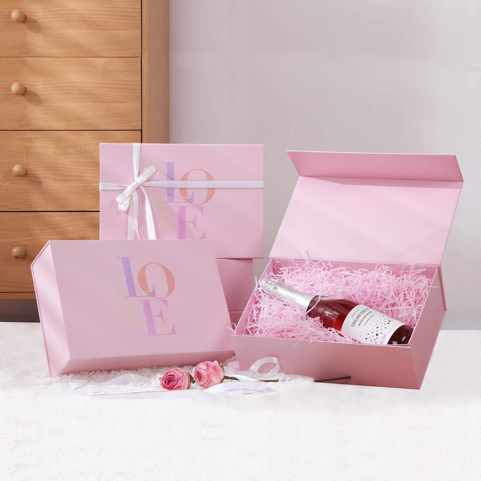 ELONG HOME 13x9x4 Inch Pink Magnetic Gift Box with Ribbon - DIY Paintable Wedding, Bridal Shower & Valentine's Day Present Box | Perfect for Jewelry, Cosmetics & Keepsake Storage