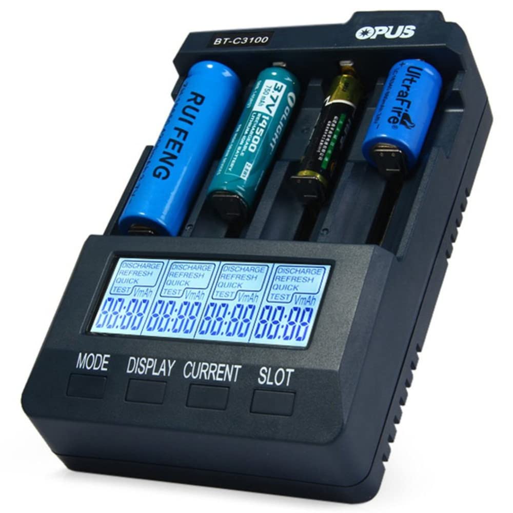 Opus BT-C3100 Smart 4-Slot LCD Battery Charger for Li-ion NiCd NiMH AA AAA 10440 18650 Rechargeable Batteries - US Plug | Fast Charging for Home, Office & Emergency Kits