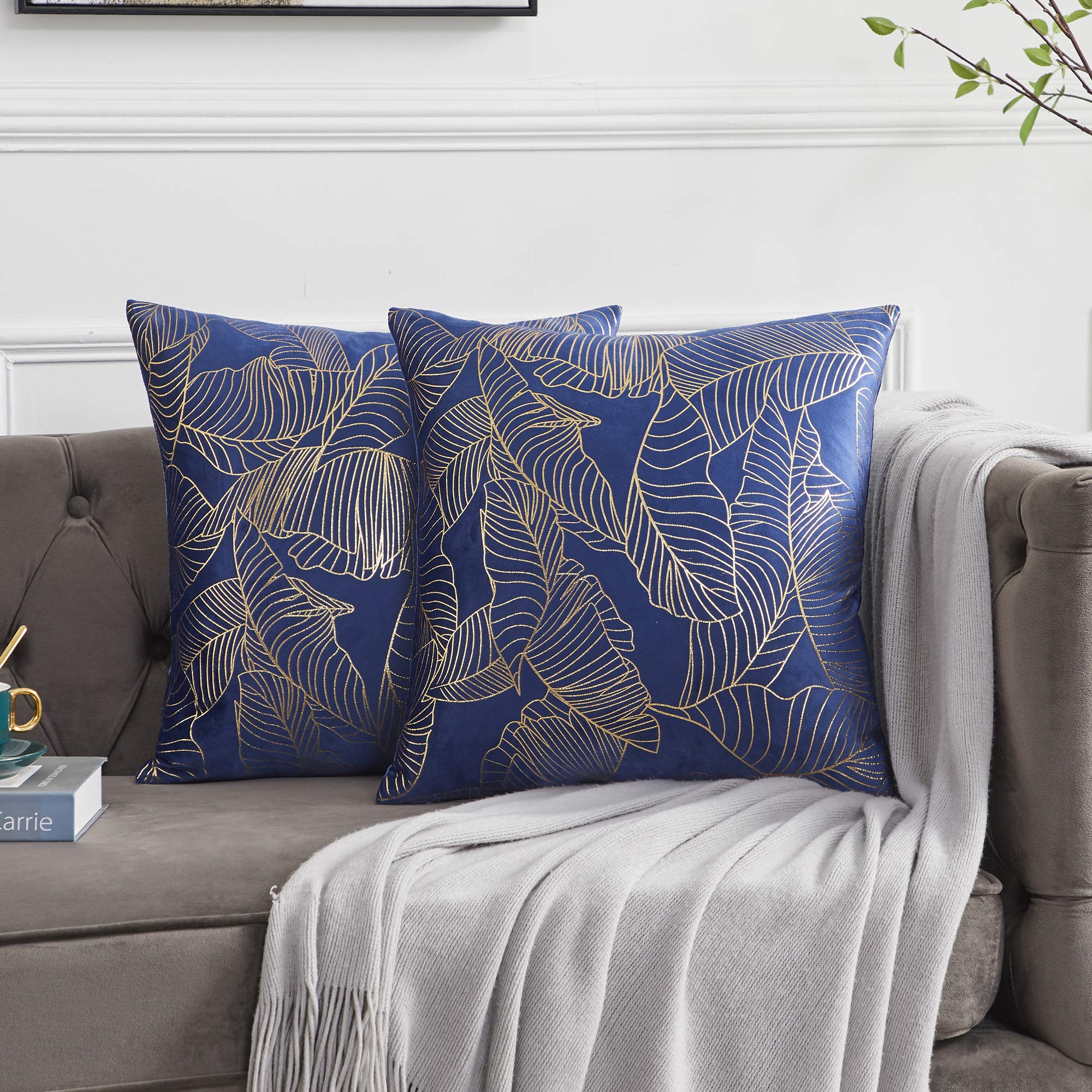 GIGIZAZA Blue Velvet Throw Pillow Covers 22x22 - Decorative Gold Leaf Couch Pillow Covers Set of 2, Soft Fall Cushion Covers for Sofa, Living Room & Bedroom Decor