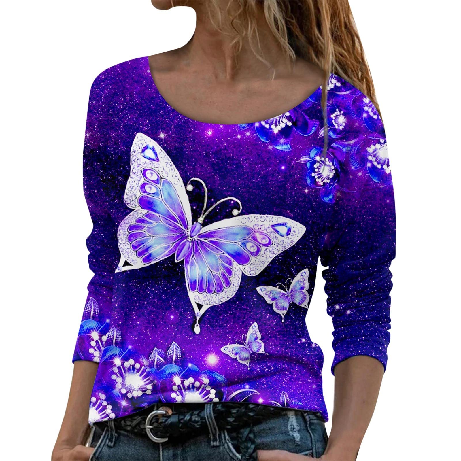 Women's Butterfly Graphic Tee - Casual Crewneck Long Sleeve Tunic Top | Loose Fit Basic Shirt for Fall | Perfect for Layering, Office Wear & Weekend Outfits