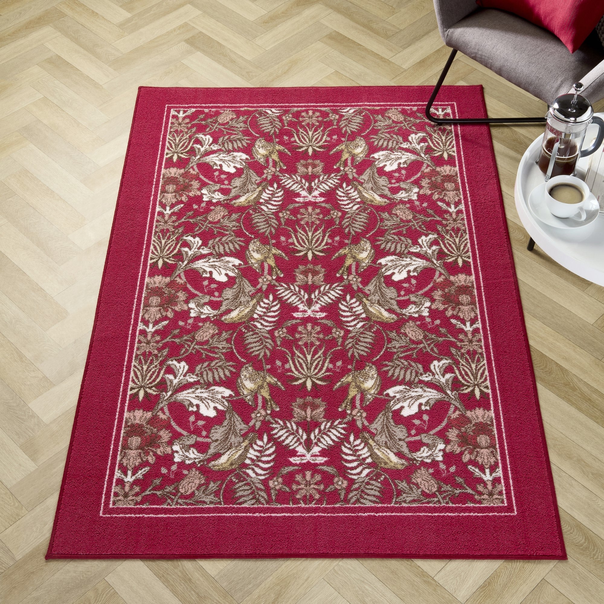 D & D Finch & Flower Washable Rug - Soft Non-Slip Indoor/Outdoor Carpet, Machine Washable, Red - Perfect for Living Room, Bedroom, Patio, and Nursery Decor