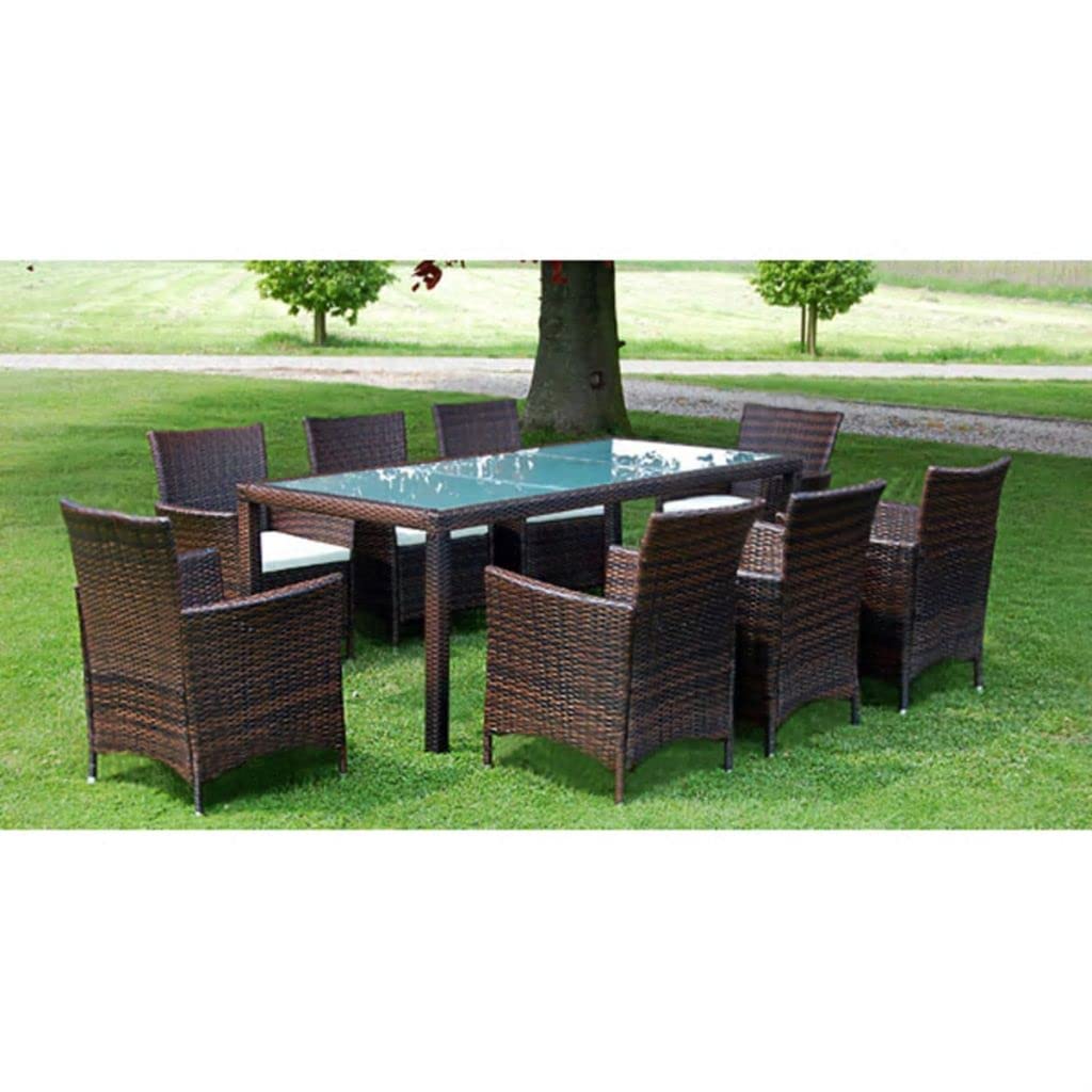 9-Piece Patio Dining Set with Cushions - Durable Brown Poly Rattan Outdoor Furniture for Garden, Backyard, and Poolside Relaxation