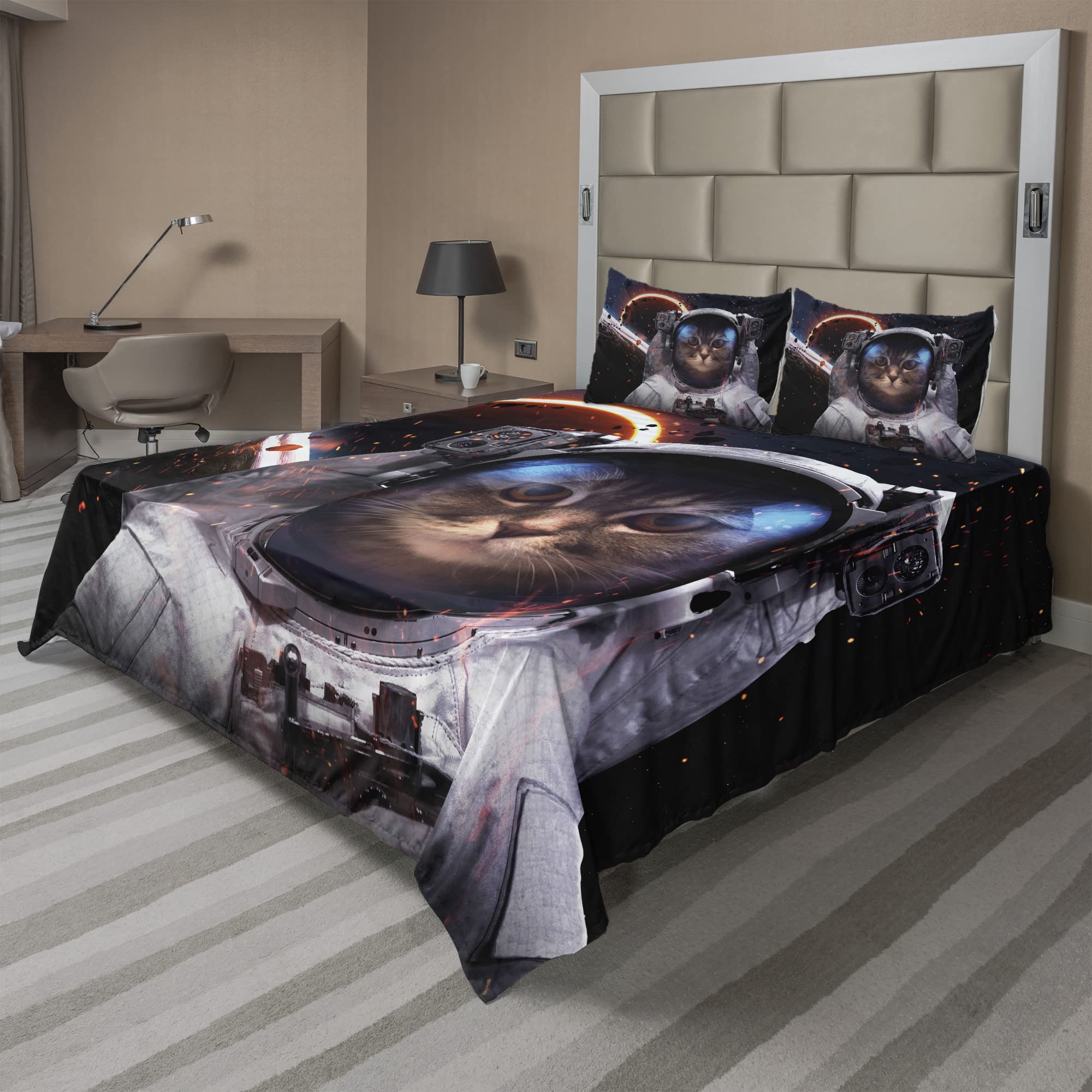 Ambesonne Space Cat Bed Sheet Set - Astronaut & Comet Galaxy Print, 4-Piece Dark Blue & White Bedding with Fitted Sheet, Flat Sheet & Pillowcases - Perfect for Kids Rooms, Space Themed Bedrooms & Sci-Fi Decor