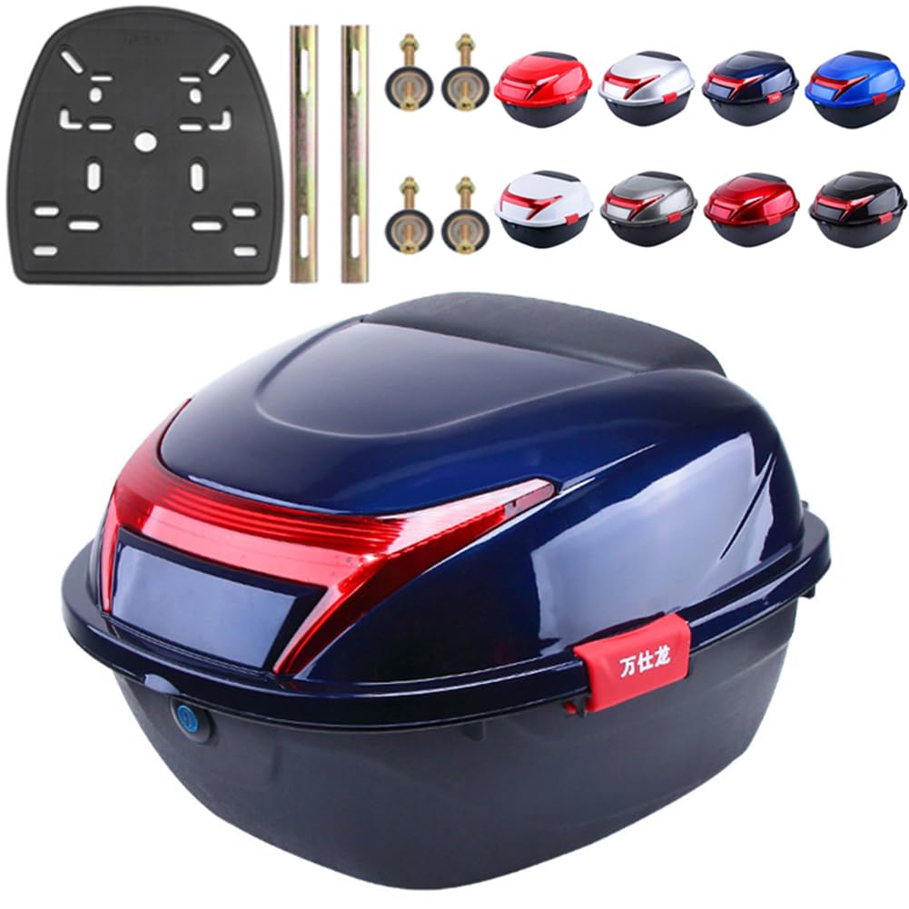 28L Waterproof Scooter Top Case - Universal Lockable Hard Tail Trunk with Backrest & Plate for Scooters, Motorcycles & Bikes (Blue, 41.5x37x27.5cm) - Perfect for Commuting, Storage & Helmet Security