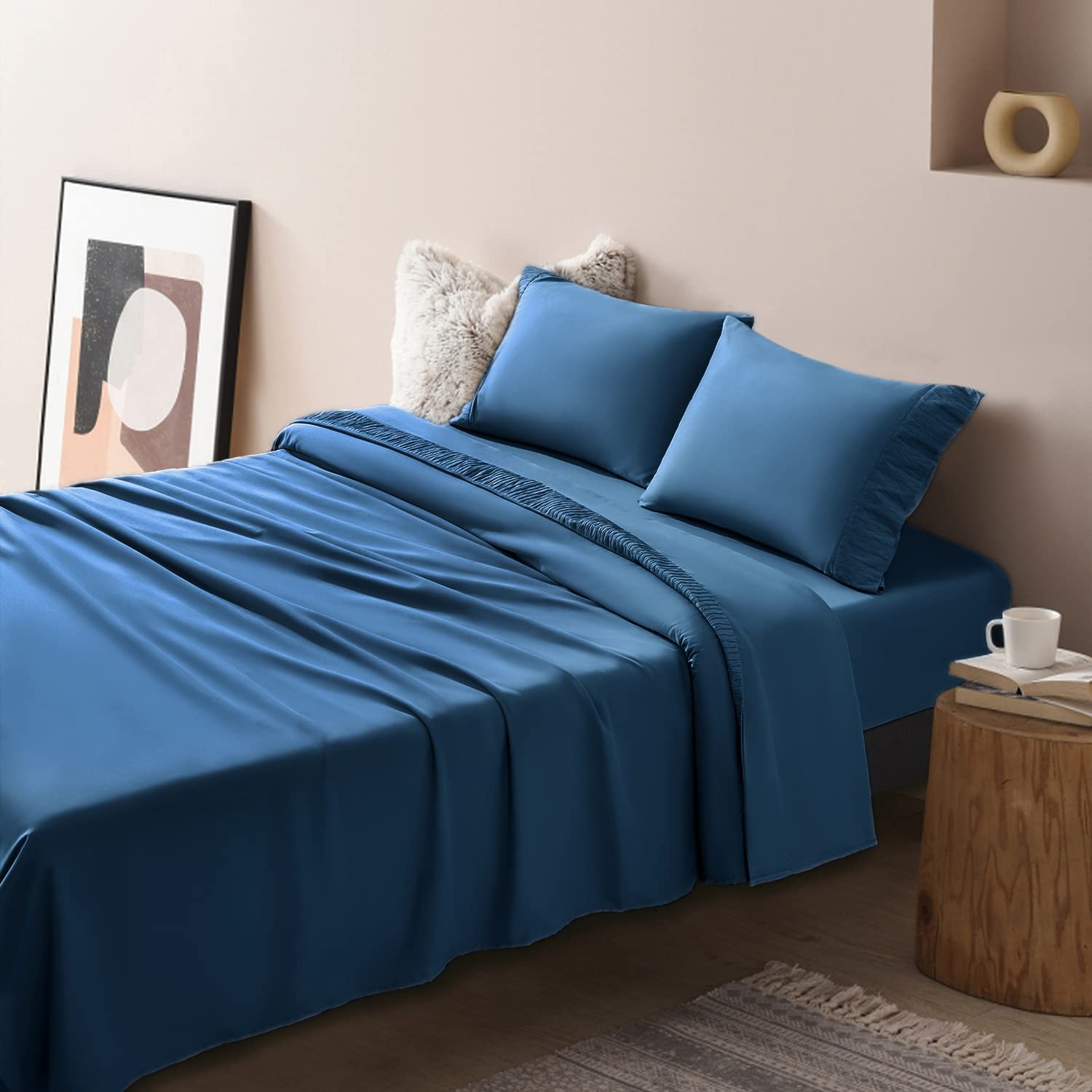 Premium 1800 Thread Count SONORO KATE Bed Sheet Set - Ultra Soft Cooling Microfiber Bedding with Pillowcases (4-Piece, California King, Navy Blue) for Luxury Hotel-Style Comfort at Home