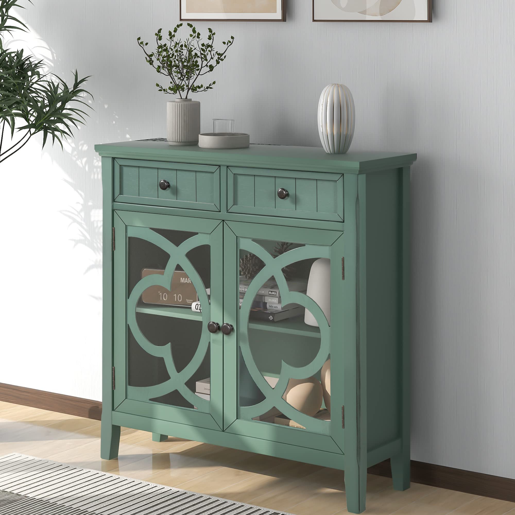 Solid Wood Accent Storage Cabinet with Adjustable Shelf & Glass Doors - Entryway, Living Room, Bedroom Organizer - Green Home Decor for Small Spaces & Apartment Storage