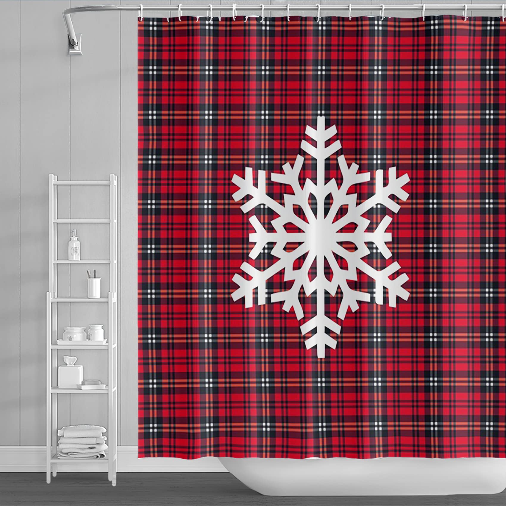 Bovlleetd White Snowflake Christmas Shower Curtain - Waterproof Bathroom Decor with Scottish Plaid Design (71x84 Inch) - Perfect for Holiday Bathroom Decorations & Winter Home Styling