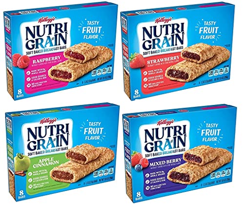 Kellogg's Nutrigrain Soft Baked Breakfast Bars - Raspberry, Strawberry, Apple Cinnamon & Mixed Berry Flavors - 10.4oz Pack of 4 - Includes Free Bag Clip - Healthy On-the-Go Snacks for Kids & Adults - Perfect for School Lunches, Office Snacks & Road Trips