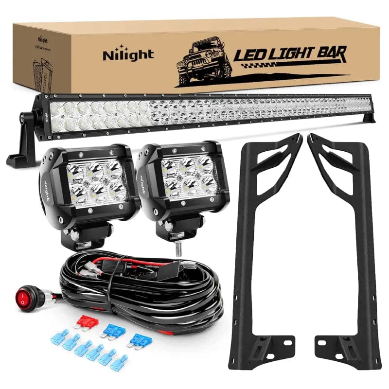 52 Inch Double Row Spot Flood LED Light Bar with 4 Inch 18W Spot LED Pods (Pair) - 16AWG Wiring & 3Pin Switch - Universal Windshield Frame Mount for Jeep Wrangler JK 2007-2017 - Perfect for Off-Roading, Night Driving & Adventure Vehicles