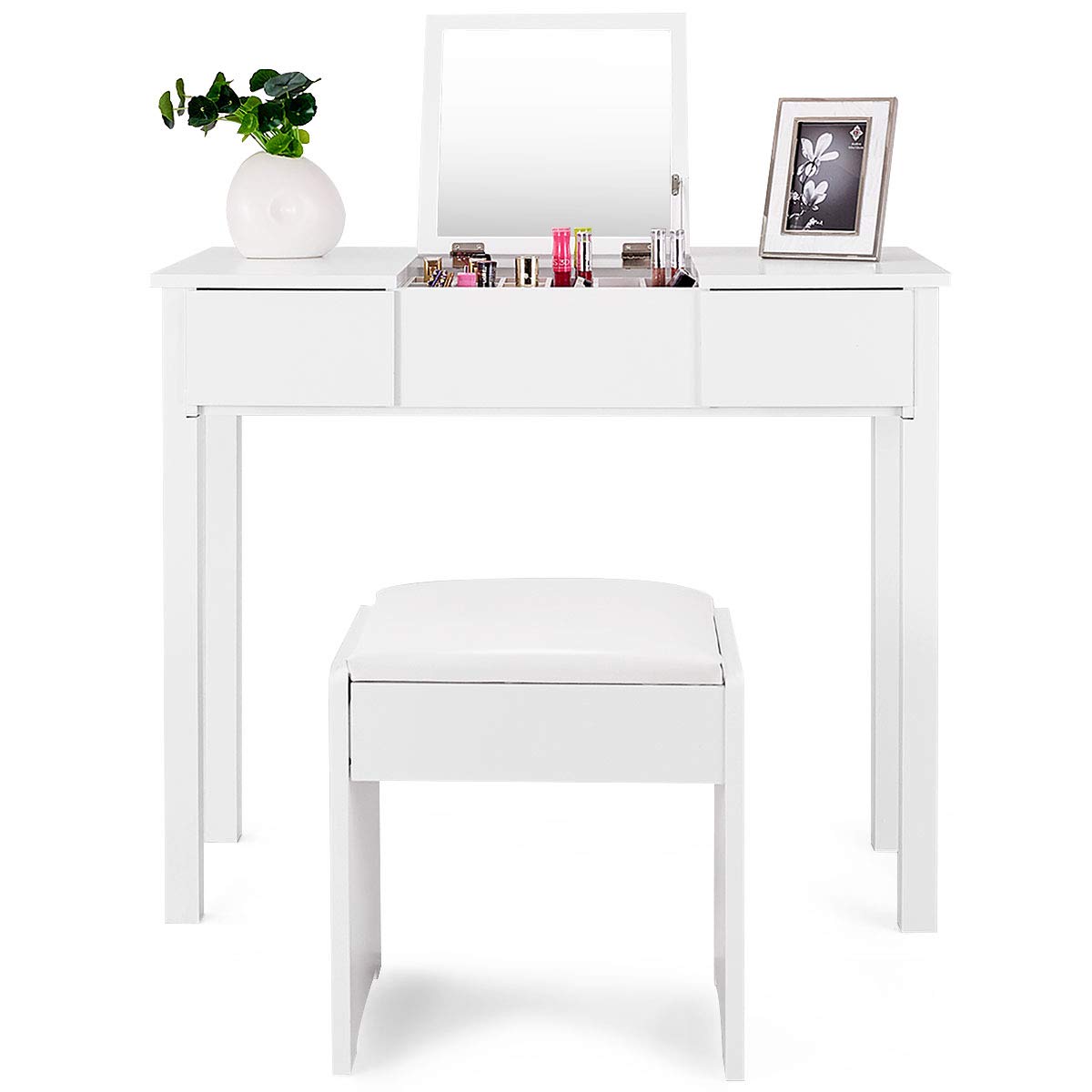 Vanity Table with Flip Top Mirror - Solid Wood Makeup Dressing & Writing Desk with Cushioned Stool, 2 Storage Drawers for Cosmetics Organizer - Perfect for Bedroom, Bathroom & Home Office (White)