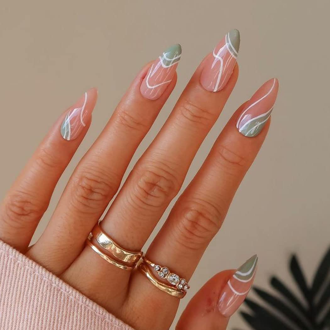 Glossy Almond Press on French Nails - Pink Short Abstract Line Fake Nails with Full Cover - 24Pcs Artificial False Nails Tips for Women and Girls - Perfect for Parties, Weddings, and Daily Wear