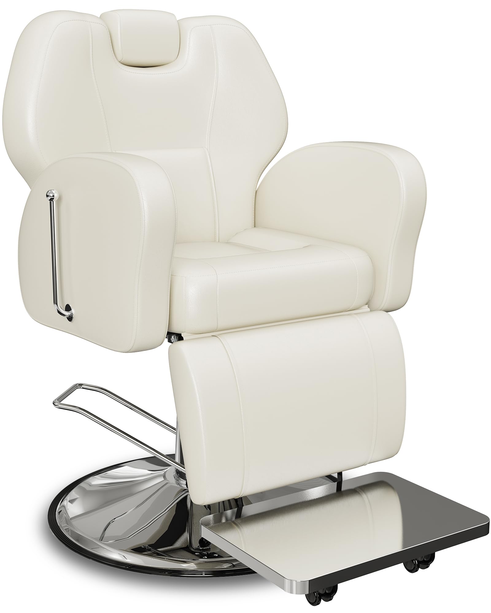 Premium Baasha Barber Chair - Professional Reclining Salon Chair for Home & Tattoo Parlors, Heavy-Duty Steel Frame Beauty Chair with Removable Headrest, Cream - Perfect for Haircuts, Styling & Tattoo Sessions