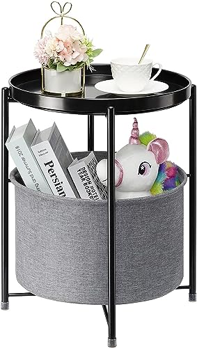 Scandinavian Style Metal End Table with Detachable Tray Top & Fabric Storage Basket - Round Coffee Side Table for Living Room, Bedroom | Perfect Nightstand for Snacks, Books & Bedside Storage