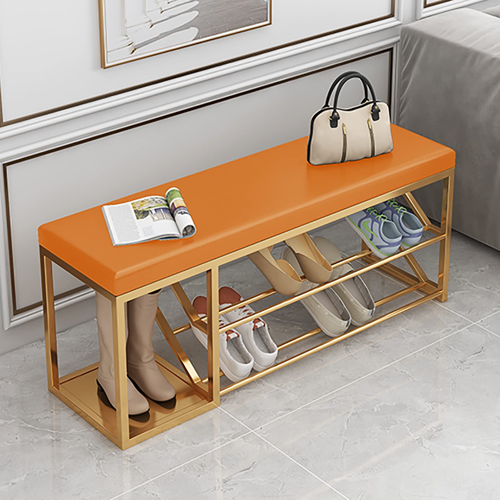 2-Tier Shoe Rack Bench with Boot Storage - Modern Entryway Shoe Organizer, Leather Upholstered Metal Shoe Bench Furniture (80x30x45cm/31x12x18in, Orange) - Perfect for Small Spaces, Hallway Organization & Shoe Storage Solutions