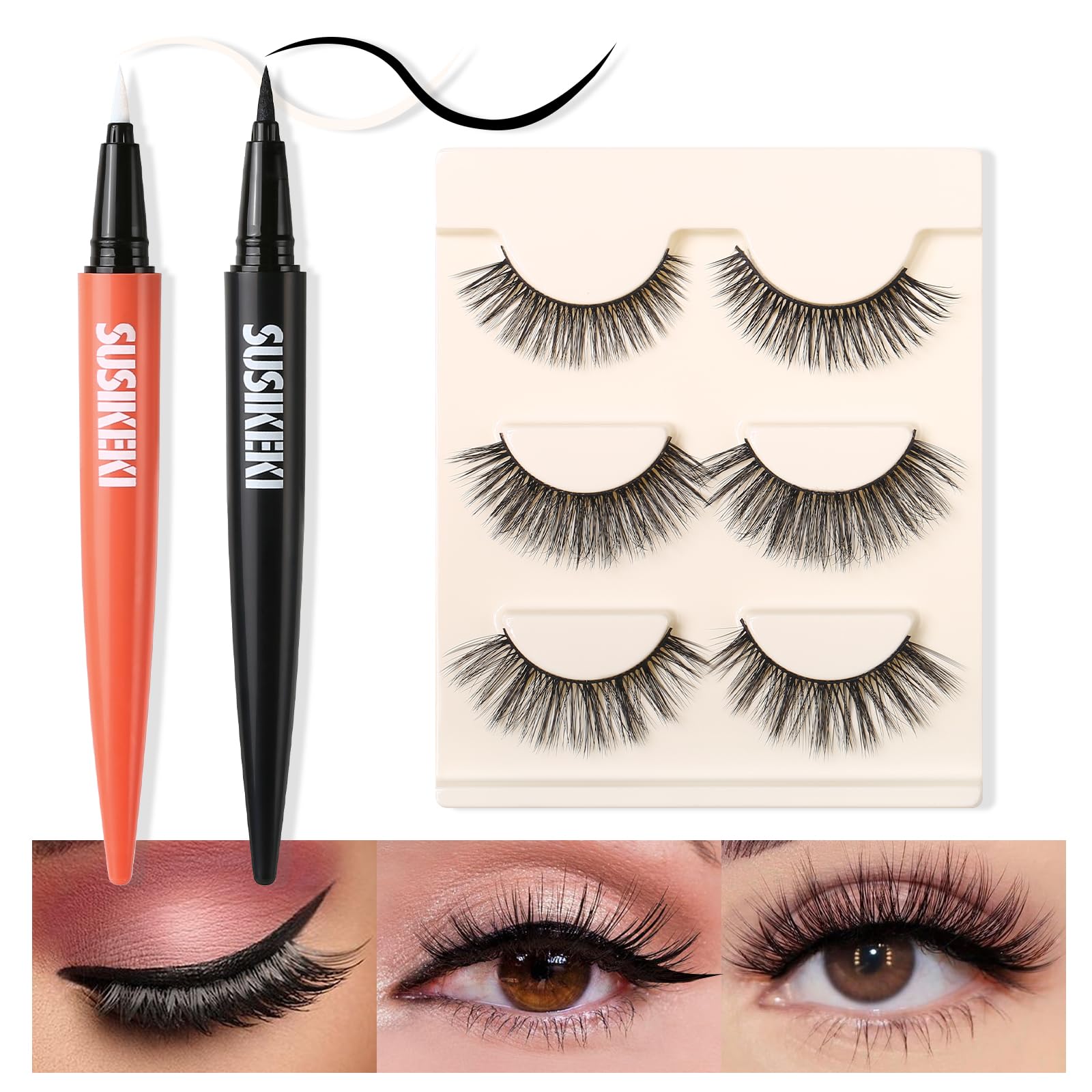2-in-1 Black Eyelash Glue & Eyeliner Set with Clear Lash Adhesive + 3 Pairs 3D Natural False Eyelashes - Waterproof, Quick-Dry, Long-Lasting Felt Tip Pen Liner for Dramatic Eye Makeup Looks - Perfect for Parties, Weddings and Special Occasions