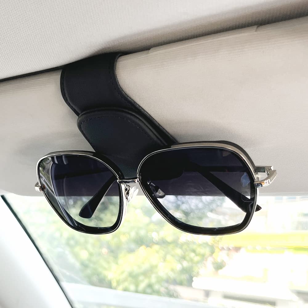 Magnetic Leather Sunglass Holder for Car - Sun Visor Eyeglass Hanger Clip & Ticket Card Organizer | Perfect for Driving, Road Trips and Daily Commute